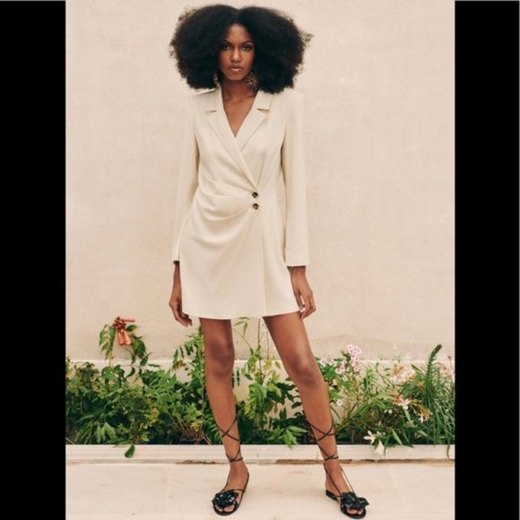 NEW ZARA LINEN BLEND BLAZER DRESS PLEAT BEIGE OFF WHITE IVORY 7875/939 SZ S - Picture 2 of 15